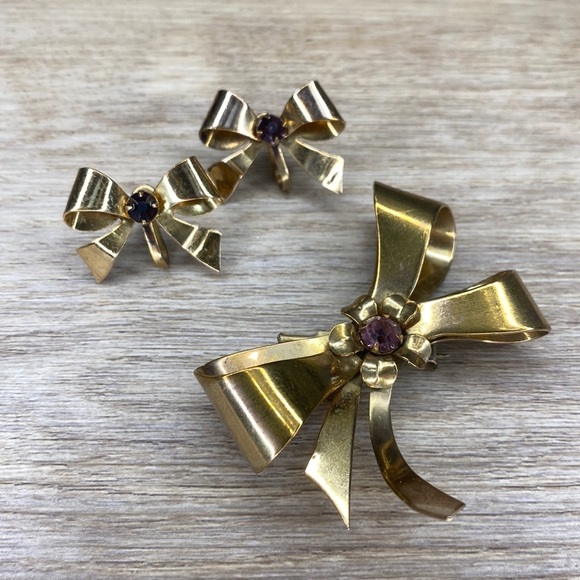 Vintage Coro Gold‎ Bow Brooch & Earrings Set - Picture 1 of 9